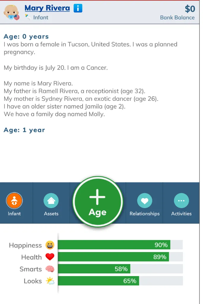BitLife game interface showing character stats like Happiness, Health, Smarts, and Looks, along with life events for Age 0 and 1