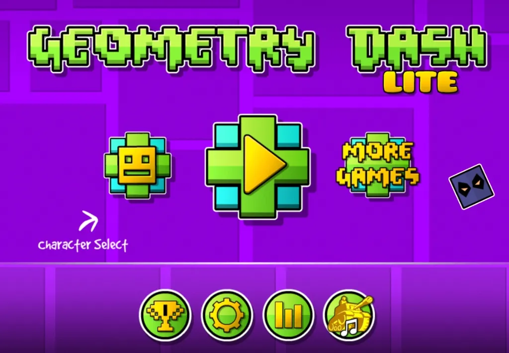 Geometry Dash Lite main menu showing play button, character select, and more games options
