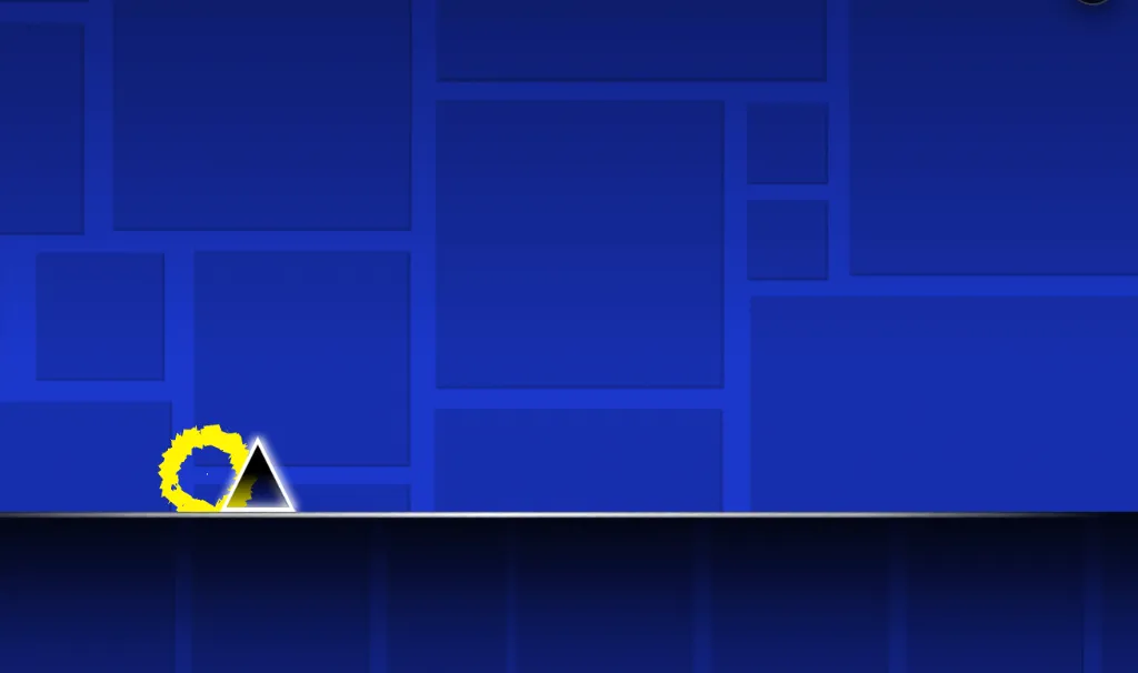 Geometry Dash Lite gameplay featuring a yellow icon jumping over a glowing spike on a blue background