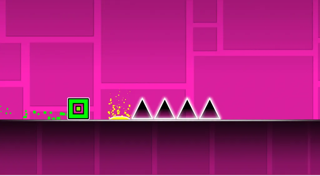 Geometry Dash Lite level with a pink background where a green square jumps over multiple spikes