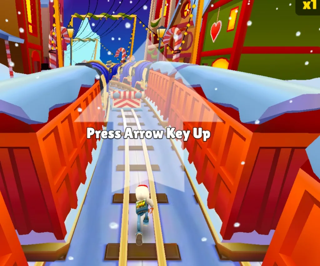 Subway Surfers gameplay tutorial showing a character running on tracks with a Press Arrow Key Up instruction