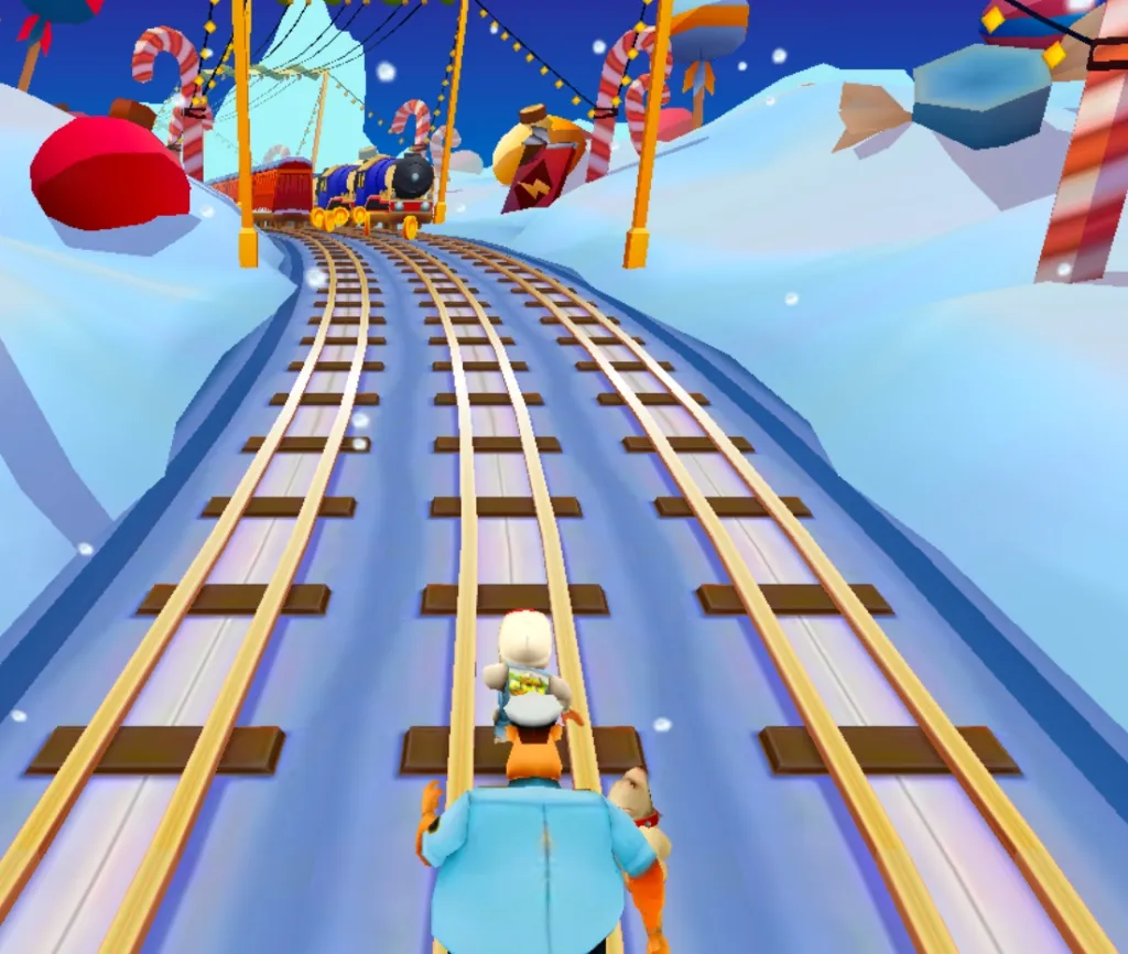 Subway Surfers gameplay scene showing the character being chased by the inspector and his dog on a snowy track