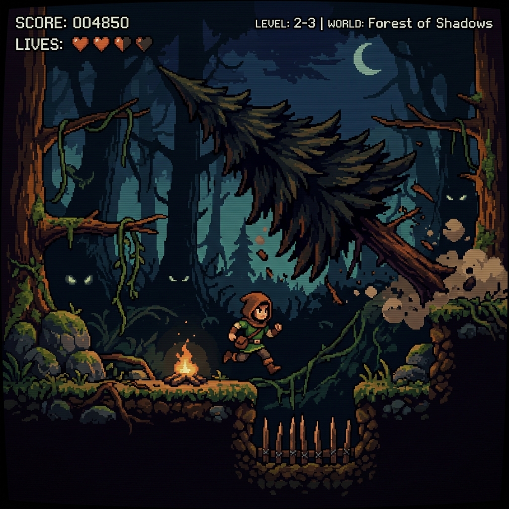 Pixel art hero navigating a dark forest with falling trees and spike traps