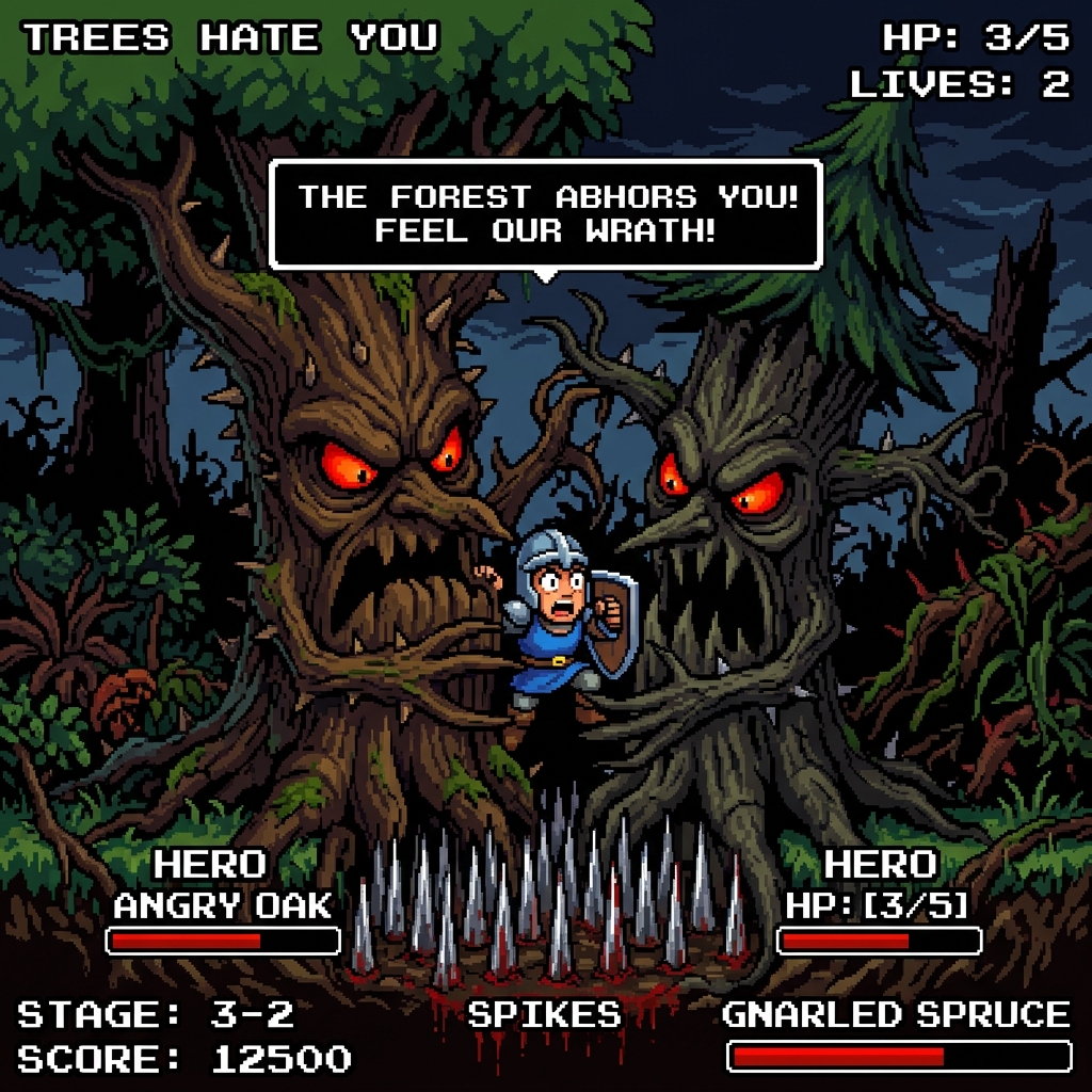 Sentient trees with angry faces trapping the player character