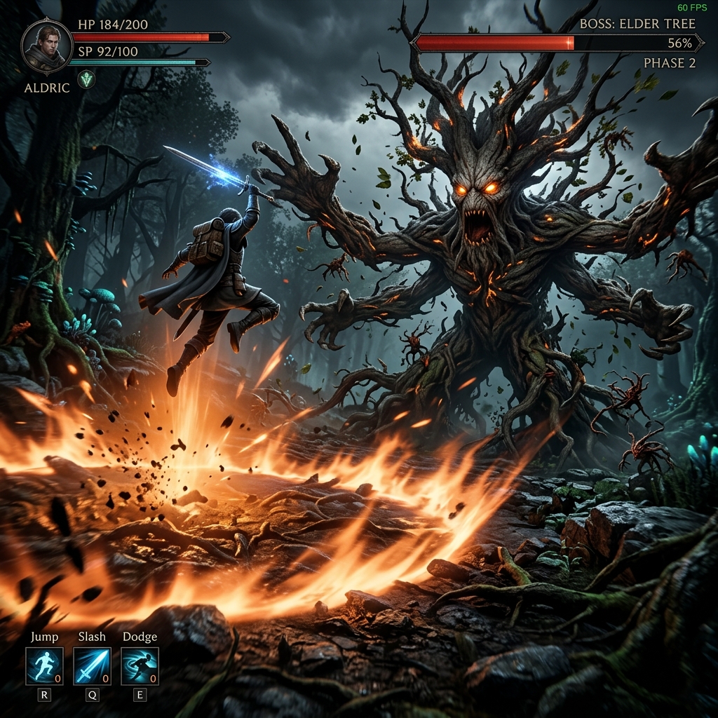 Epic boss battle against a giant Elder Tree in a dark atmospheric forest